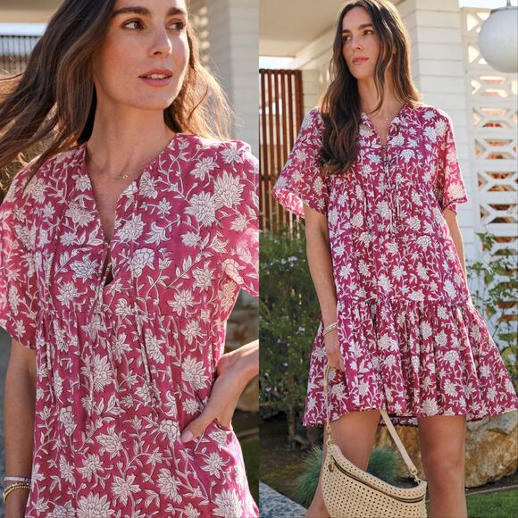 Emerson Fry Tomas Love Isla Boho Peasant Shift Mini Dress Sangria Park Print - Picture 1 of 6